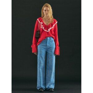 Andersson Bell Red Fabiana Ruffle Deep V-Neck Knit Sweater, Size M